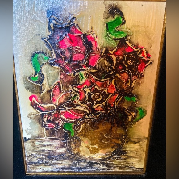 Vintage 1965 Palette Knife Floral Oil Painting Signed MCM Wood Velvet Frame - Picture 2 of 16